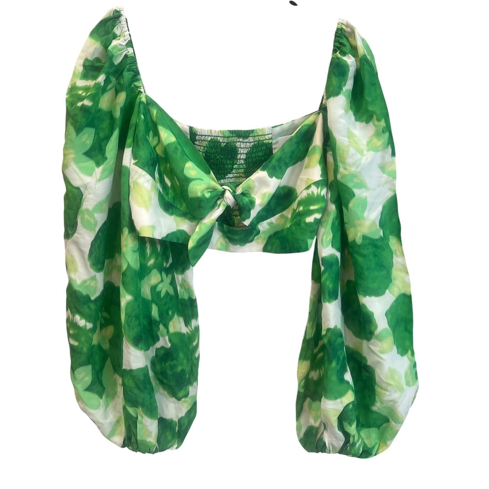 Alice McCall Dulce Top Green Floral Silk Blend Balloon Sleeve Crop Blouse US 8